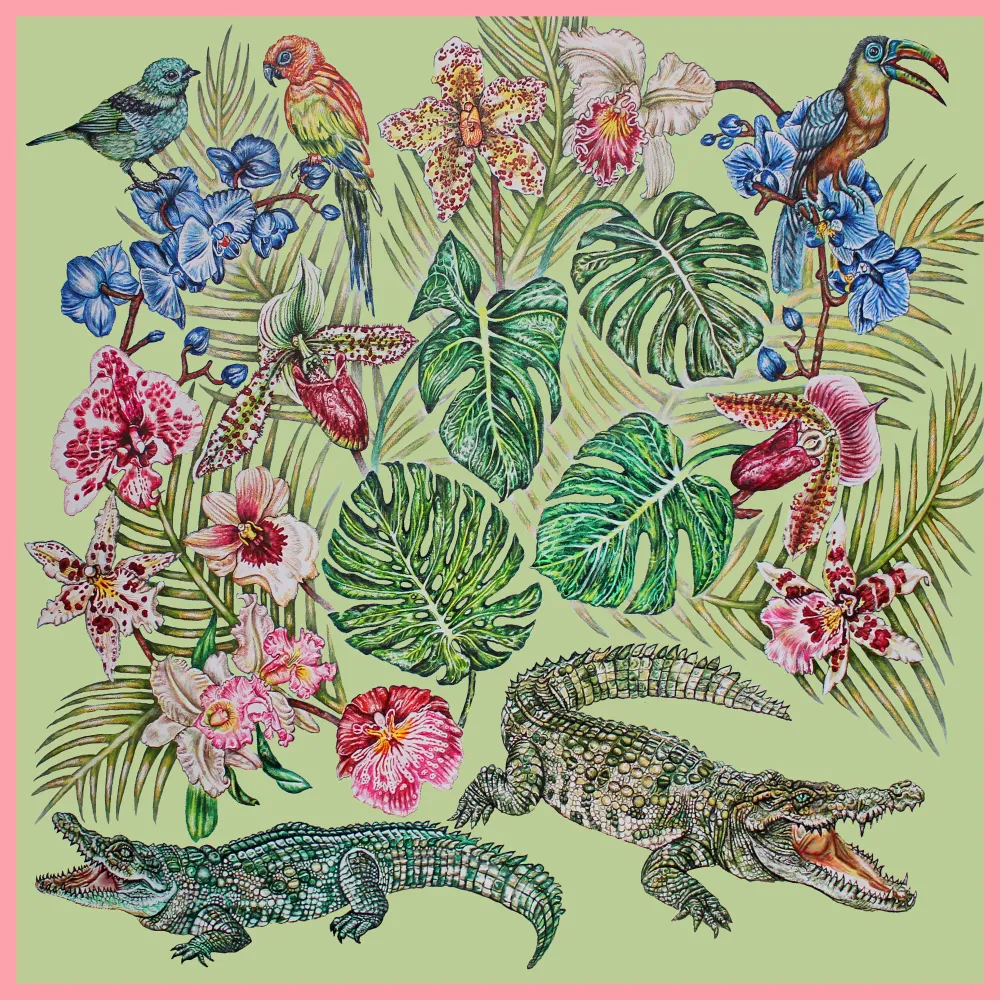 Fashion Foulard by Ginny Litscher, Light green Jungle design Scarves